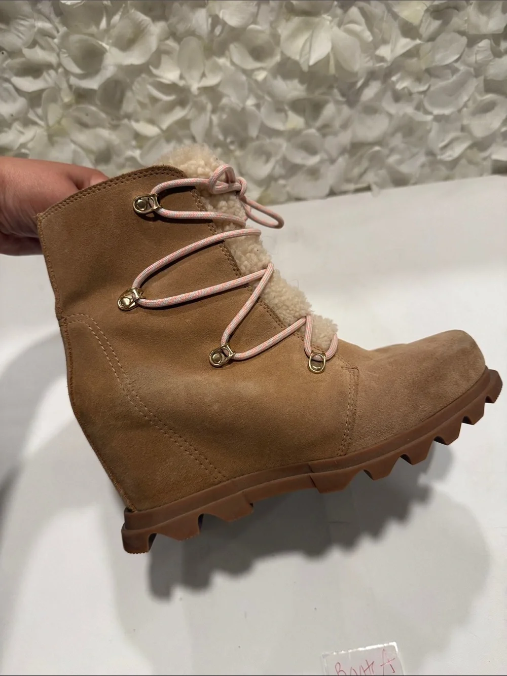 Sorel Tan Suede Winter Boots with Pink Laces